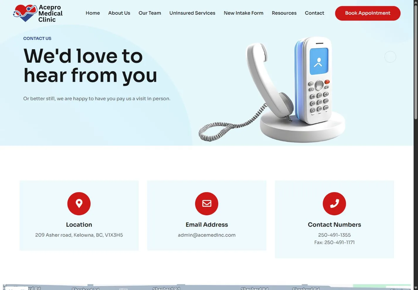 Acepro clinic contact page with contact information and patient enquiry options