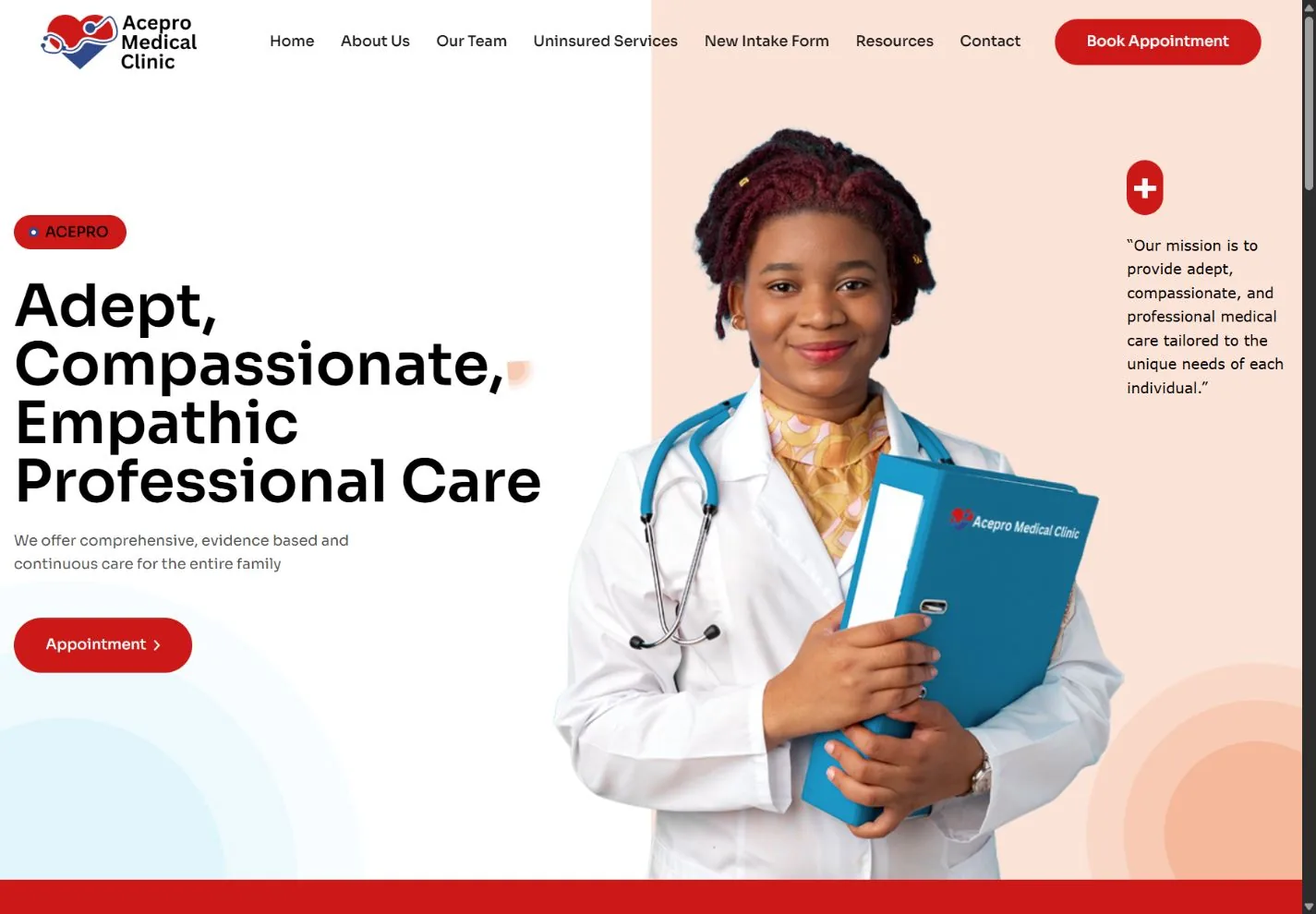 Acepro Medical Clinic homepage with its care message and appointment link