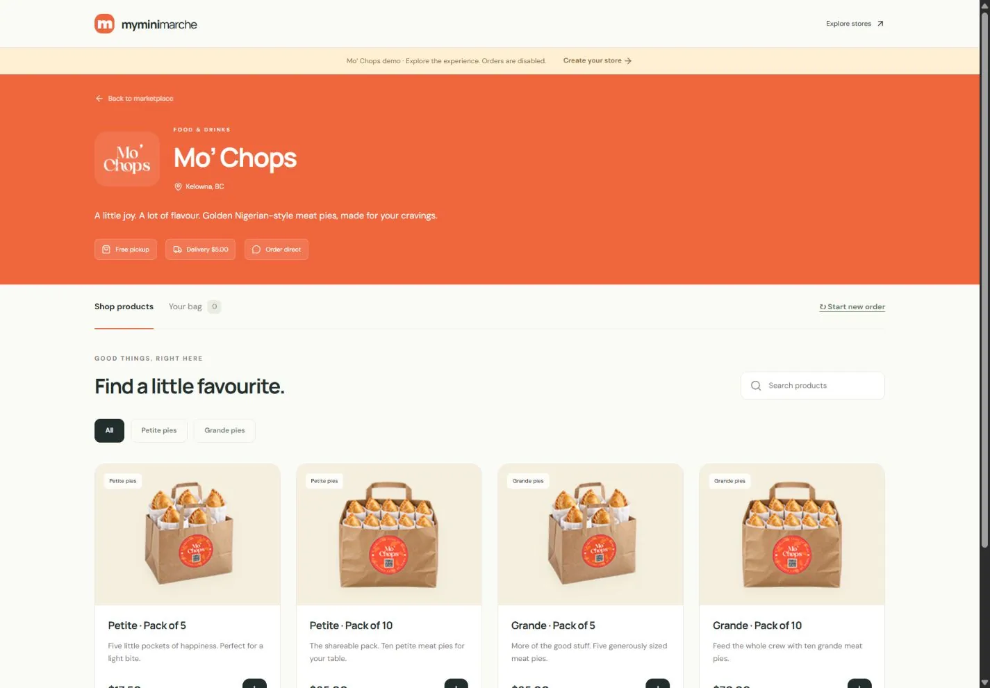 Public Mo’ Chops demo storefront showing products, a customer bag, and pickup and delivery options