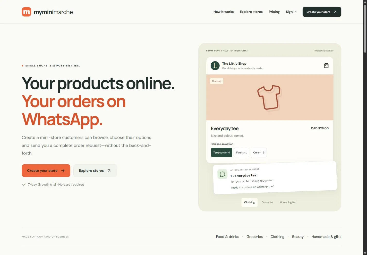 My Mini Marché homepage explaining products online and order requests on WhatsApp